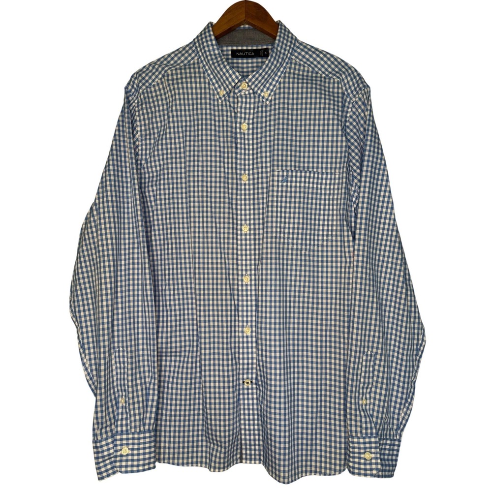 Nautica Mens XL Blue White Gingham Long Sleeve Button Down Cotton Shirt Pocket